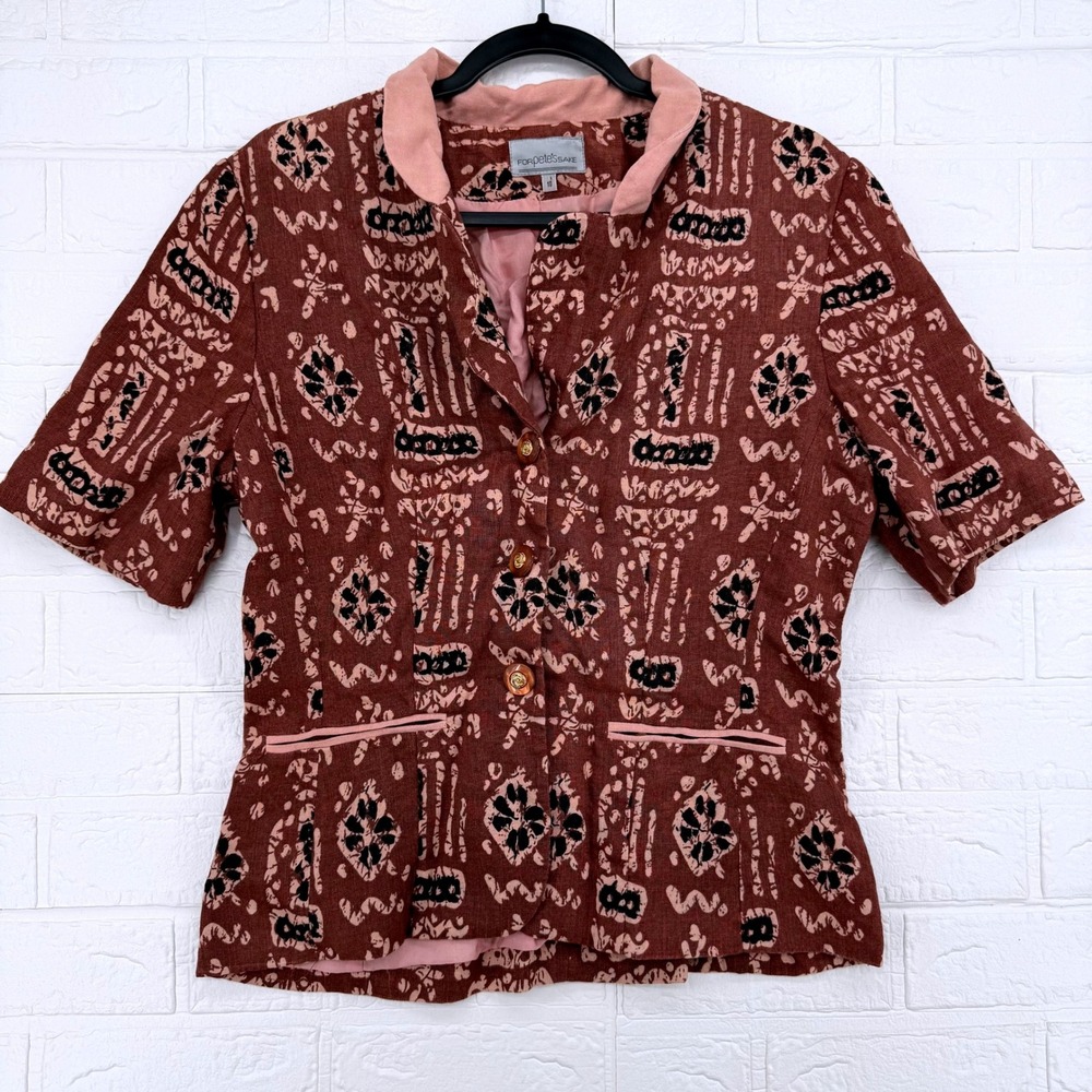 For Pete's Sake Blazer Women Size 10 Brown Pink Abstract Batik Short Sleeve